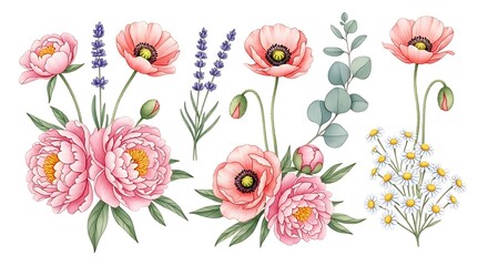 Beautiful arrangement of pink peonies and lavender blossoms in watercolor style for elegant decor