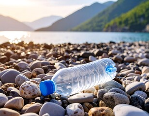 Plastic bottle discarded on a pebble beach by a lake