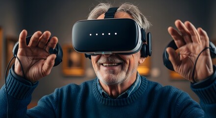 Elderly man smiling while using virtual reality headset and headphones in a museum
