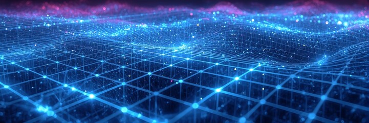 Obraz premium Futuristic network background with glowing dots and lines, depicting data flow, digital communication, and advanced technology with a blue and purple color palette