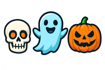 Obraz premium Cartoon skull ghost and pumpkin illustration isolated Halloween character design set on white background