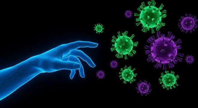 Digital Blue Hand Reaching Out to Colorful Corona Viruses Floating in Space Danger and Spread of Disease and Viruses