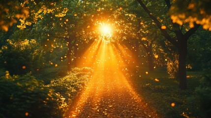 Fototapeta premium Sunlight shining through trees in a forest with leaves on the ground plant background