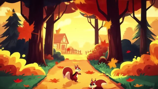 Cartoon path flanked by fall trees squirrels on the road houses in background