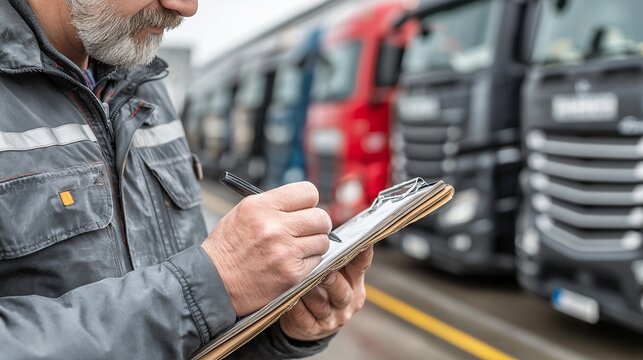 Commercial fleet manager inspects row of modern trucks, writing notes on clipboard during routine vehicle check, demonstrating responsibility and attention to detail