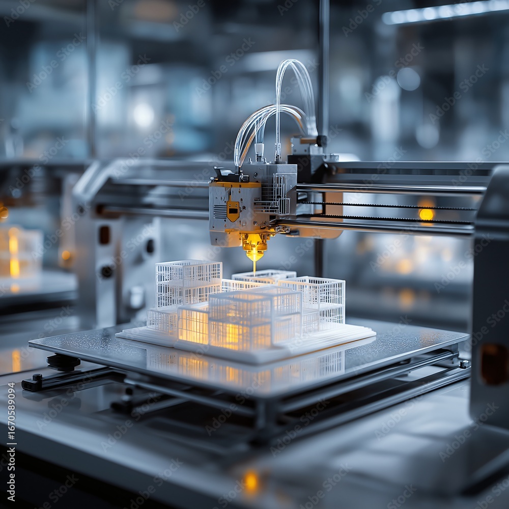 Poster modern 3d printer in clean laboratory setting creates intricate architectural models with precision,