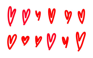 Hand drawn set of hearts in red color. Stylized hearts of different shapes isolated on transparent background. Doodle heart illustration clip art for Valentine's Day. For web, design, cards, stickers
