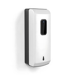 A white and black automatic hand sanitizer dispenser mounted on a white wall in a clean environment