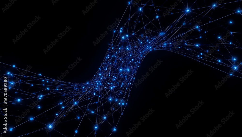 Poster abstract blue network connection with glowing dots on a dark background, representing modern technol