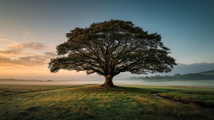 Majestic oak tree stands alone in tranquil field at sunrise, symbolizing stability and longevity, with soft morning light and mist creating peaceful, serene atmosphere