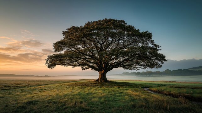 Majestic oak tree stands alone in tranquil field at sunrise, symbolizing stability and longevity, with soft morning light and mist creating peaceful, serene atmosphere