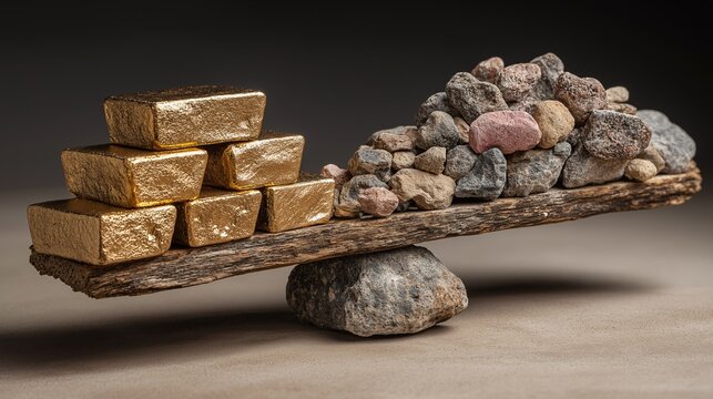 Gold bar stone balance wealth inequality metaphor contrast rich poor concept emotionally express gap between luxury and hardship