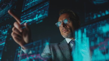 Businessman technology digital interface data futuristic modern innovation professional confident analysis. confident businessman interacts with futuristic digital interface analyzing data modern