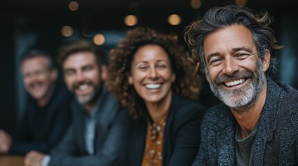 Fototapeta premium Successful business team five people smiling professional diverse teamwork collaboration office happy confident positive energy blurred background