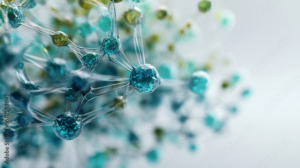 Poster abstract 3d render of complex molecular structure with blue and green spheres connected by thin line