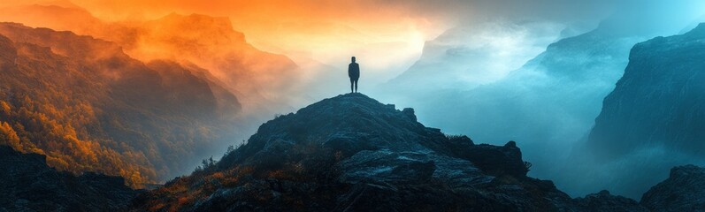 Man standing on top of a mountain with a sky background banner