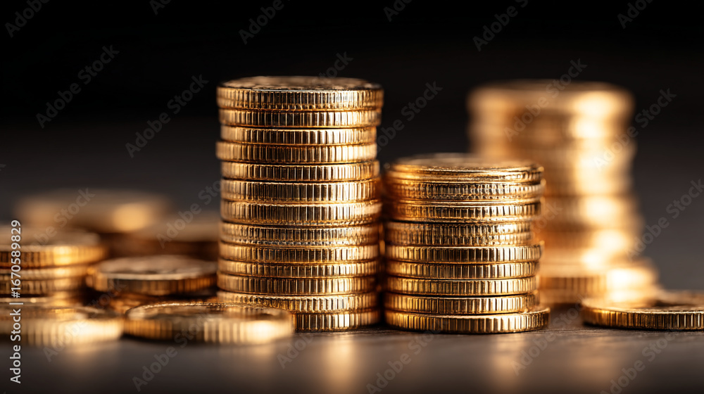 Poster stacks of gold coins arranged on a surface with a dark background creating a sense of wealth and fin