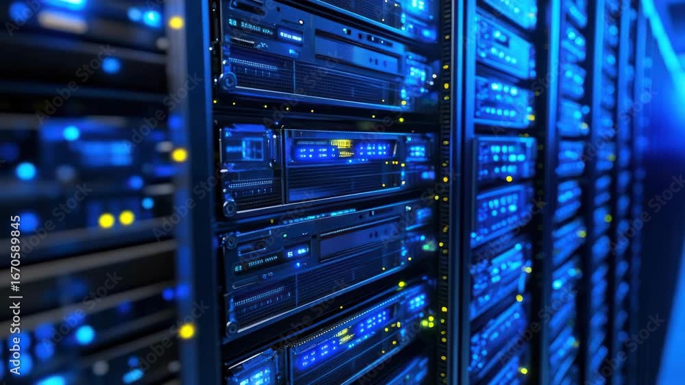 Poster dynamic video showcasing a row of illuminated server racks. captured from a low-angle, emphasizing t