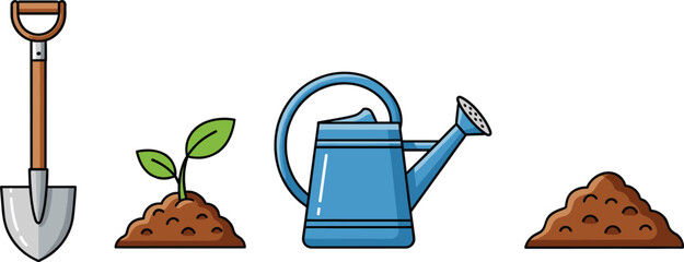 Illustration of gardening tools including a shovel, young plant growing in soil, blue watering can, and soil mound on white. © Ashik Creatives