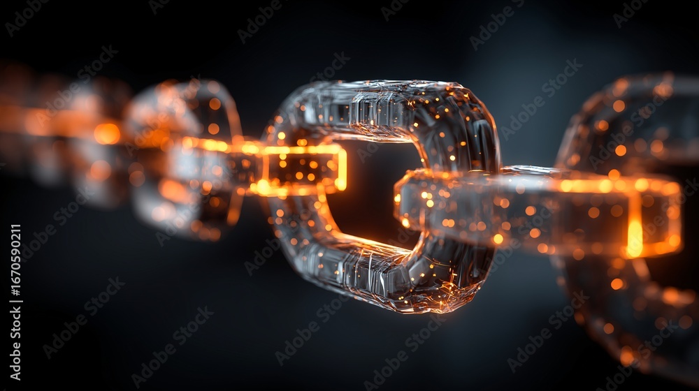 Fototapete futuristic blockchain chain link digital network glowing orange light transparent material technolog