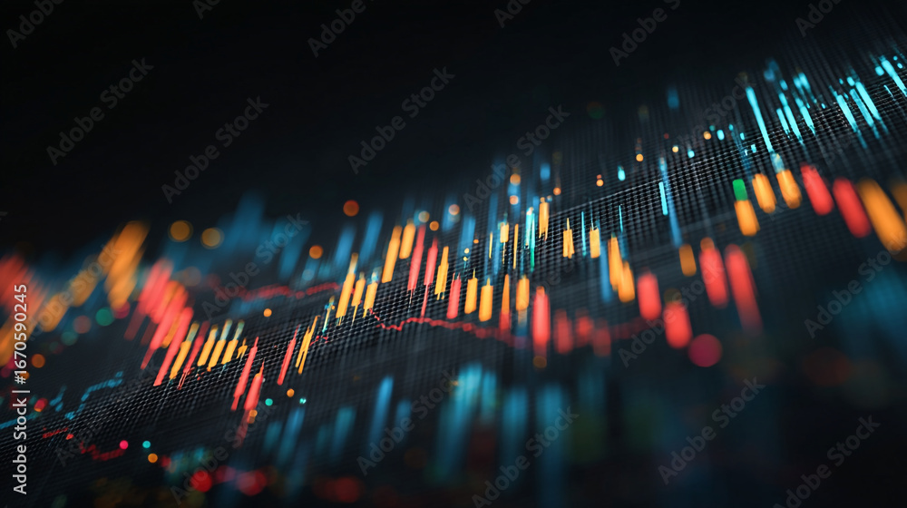 Poster abstract representation of financial market data with candlesticks and line graphs on dark backgroun