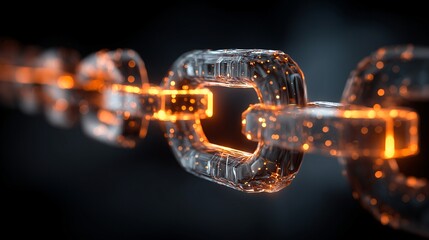 Futuristic blockchain chain link digital network glowing orange light transparent material technology concept secure connection abstract background innovation modern design