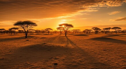 African savanna landscape at sunset with acacia trees