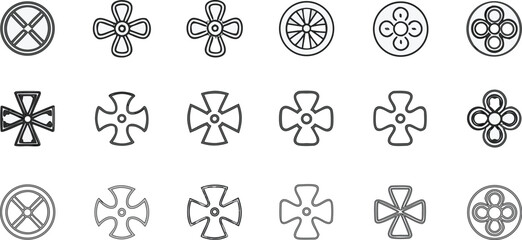 Collection of minimal geometric cross icons set with circular, floral, and abstract line art symbols for design, patterns, and decoration.