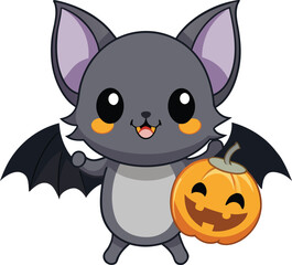 cute kawaii bat carrying tiny pumpkin clean white