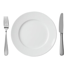 transparent ceramic plate with silver cutlery, isolated on transparent, minimalist flat lay studio photo with negative space, concept of new beginnings and opportunity