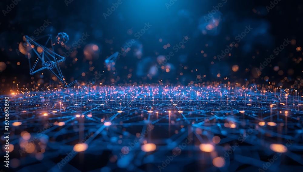 Poster abstract digital network connection with glowing dots and lines on dark blue background, showcasing 