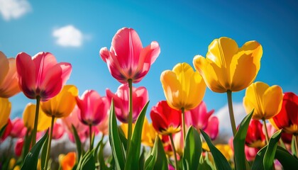 Vibrant Tulips Blooming In Spring: A Colorful Panorama Of Fresh Flowers In Yellow, Pink, And Red, Against A Sunny Blue Sky, Close-Up Of Delicate Petals.