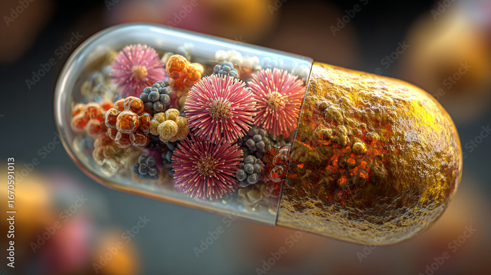Poster close up of a capsule filled with colorful abstract shapes and textures on a blurred background
