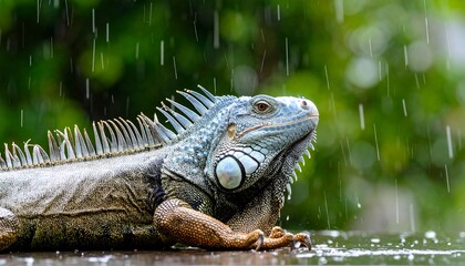 Obraz premium Blue iguana rain tropical reptile.
