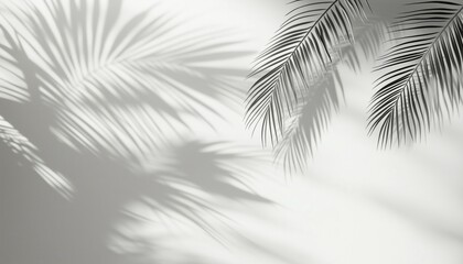 Natural Palm Leaf Abstract: Grey Shadow Falling On White Wall For Texture And Wallpaper. Tropical Foliage Overlay Effect For Mockup.