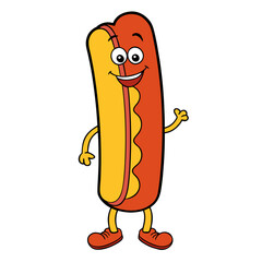 cartoon hotdog with ketchup smiling friendly character,