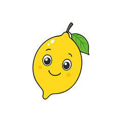 cartoon lemon with leaf smiling face flat vector,