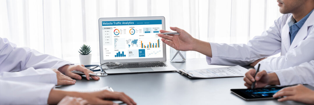 Computer software for website traffic analytics data on computer screen. Concept of SEO search engine optimization and customer targeting for online business brisk