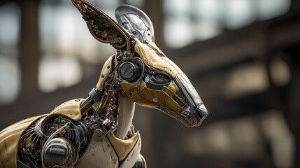 Close up of a robotic kangaroo with visible mechanical components and metallic gold and silver plating