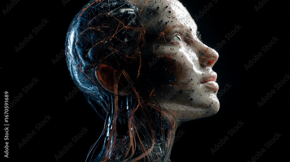 Aufkleber profile view of a translucent humanoid figure with visible internal structures on black background