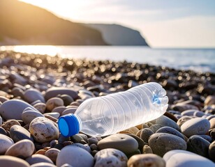 Plastic bottle on a pebble beach at sunrise