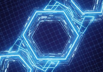 Modern glowing hexagonal shapes over digital grid evoke futuristic technology and innovation concepts