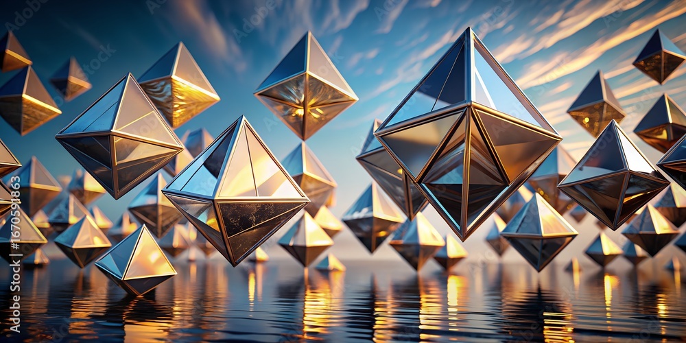 Poster abstract geometric shapes floating above a reflective water surface under a bright sky, creating a m
