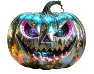 Cyberpunk Halloween Pumpkin with Neon Glowing Face, Front View, isolated on transparent background PNG