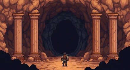 Pixel art adventurer stands before a mysterious ancient cave entrance flanked by grand pillars.