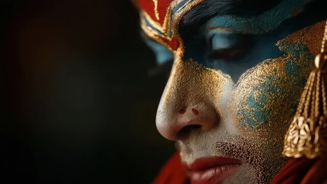 Kerala Kathakali dancer standing with heavy makeup and completely clothed