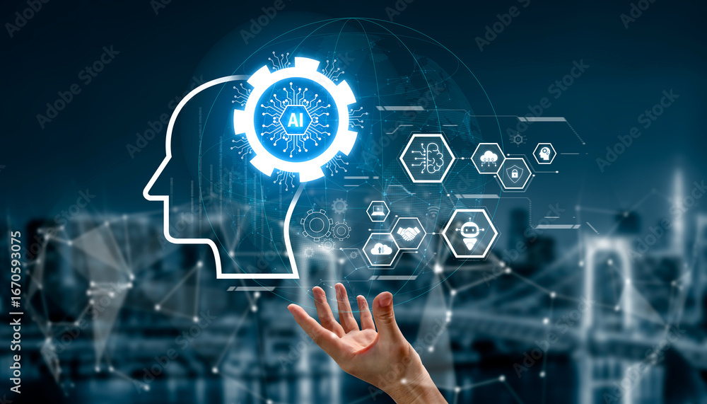 Poster ai integrated with human cognition, supporting decision-making, automation, robotics, data analysis,