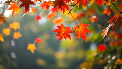 Colorful red and yellow autumn leaves on a maple tree branch in a bright sunlit forest