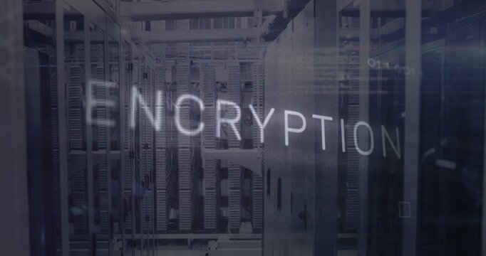 Blue circuit drifting into view causing floating text completing encryption over server racks