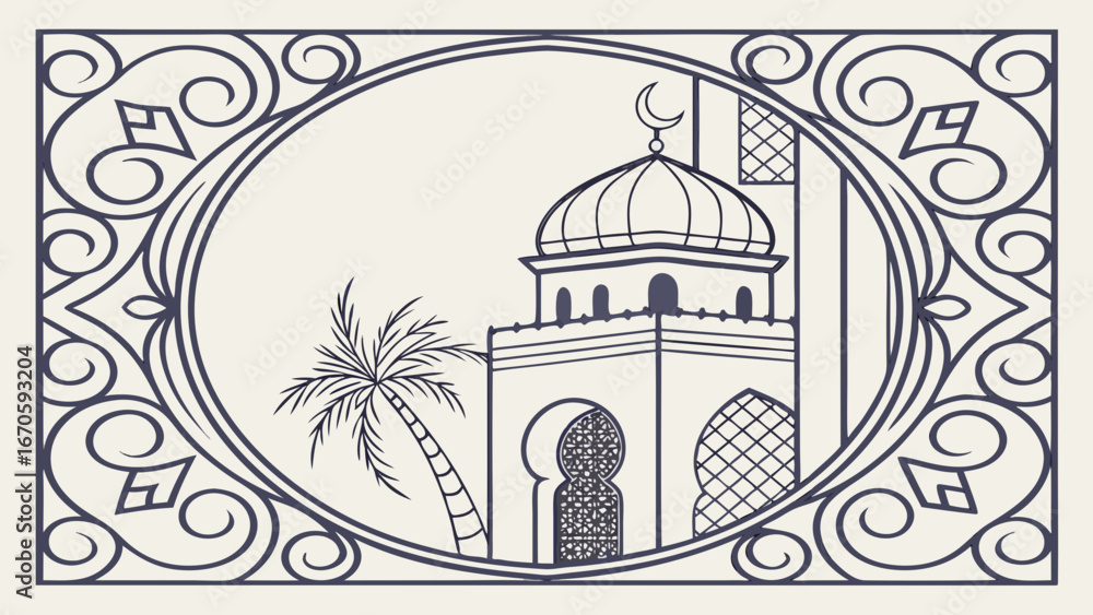 Aufkleber illustration of a mosque with a palm tree inside an ornate oval frame with a rectangular border